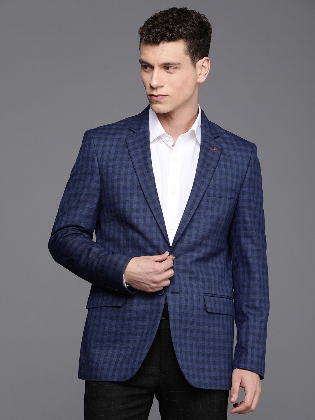 

Raymond Contemporary Fit Checked Single-Breasted Formal Blazer, Navy blue