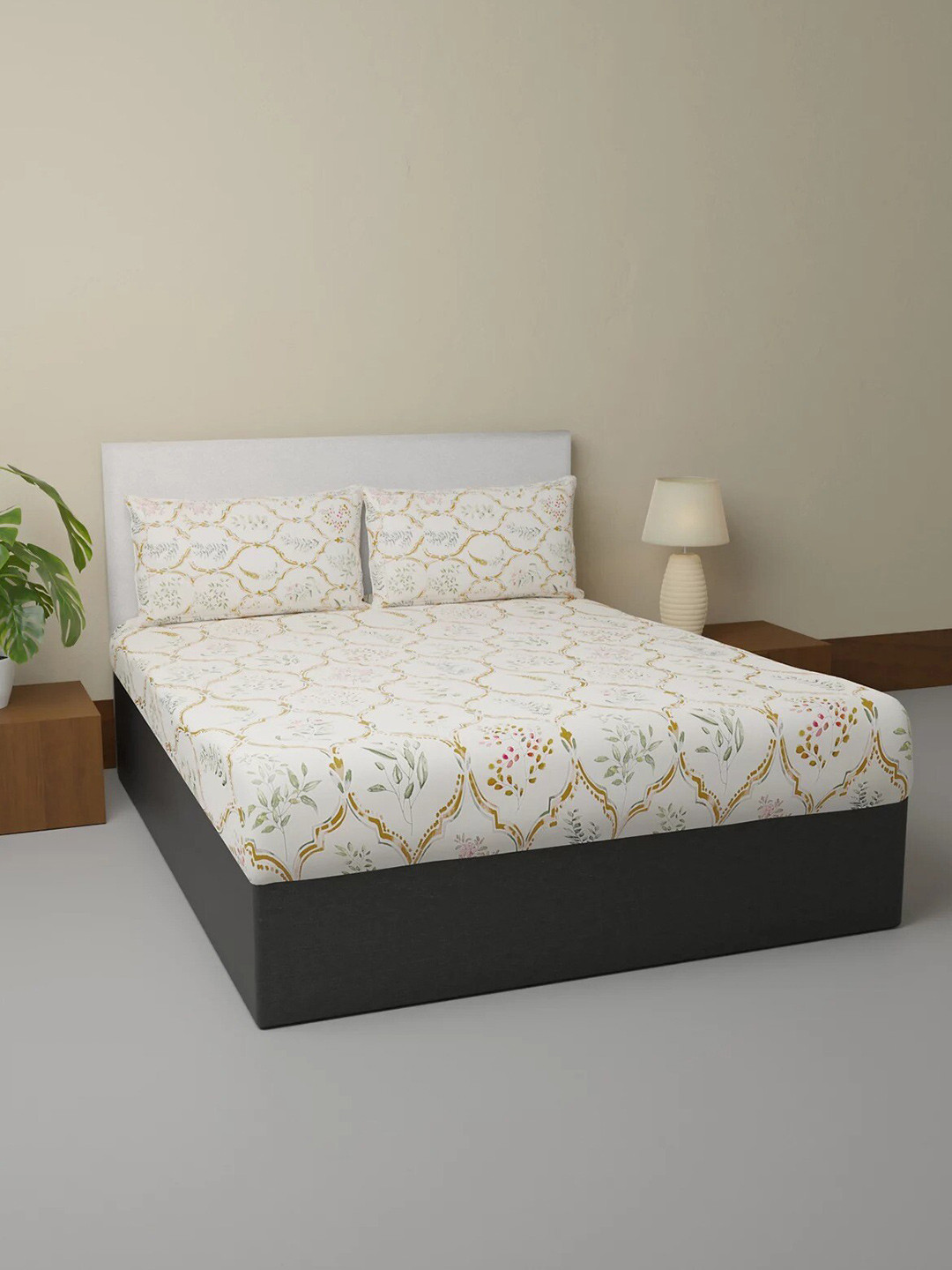 

Marks & Spencer Beige & Mustard Floral Queen Bedsheet with 2 Pillow Covers