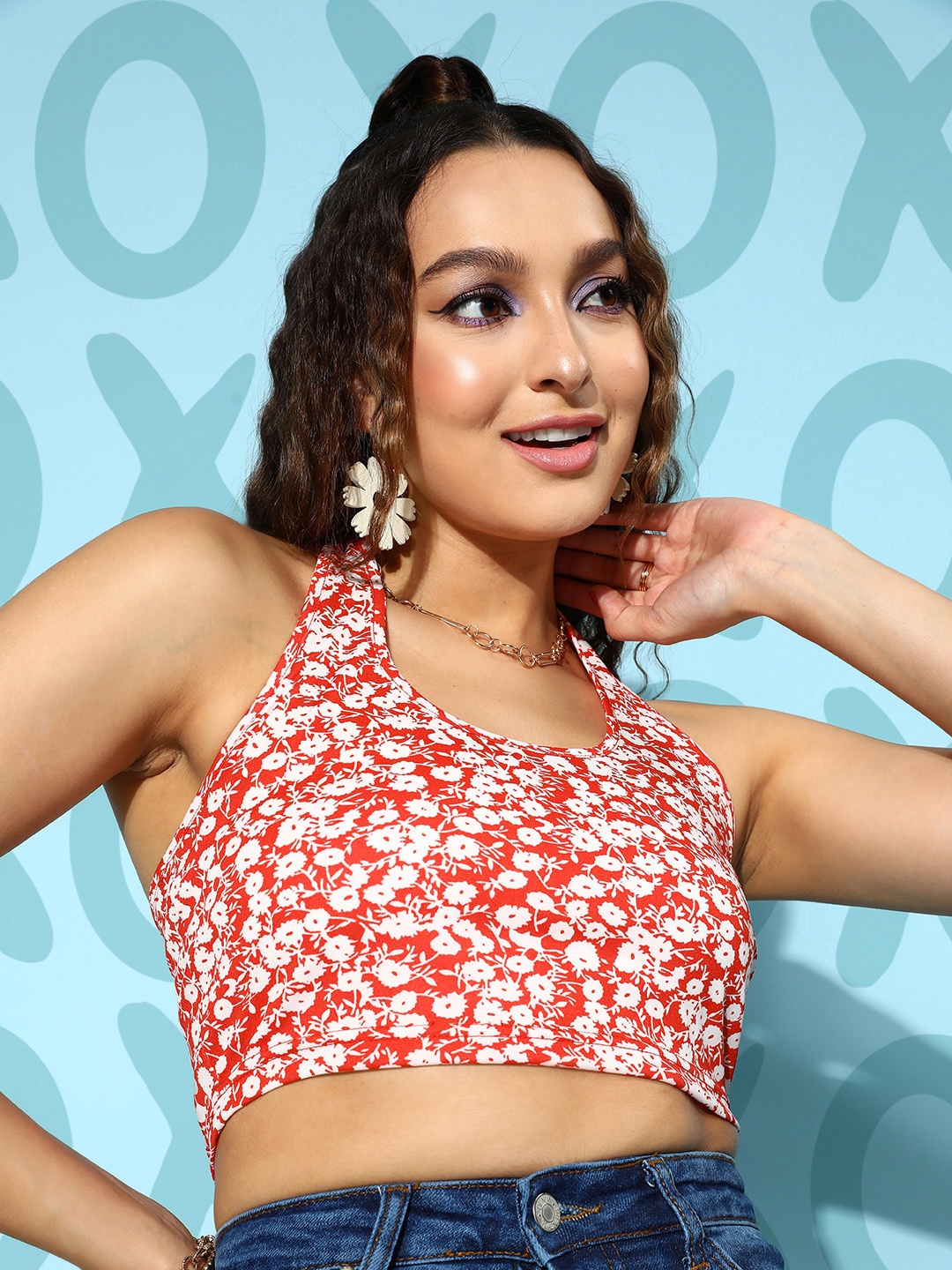 

Berrylush Floral Print Halter Neck Crop Top, Red
