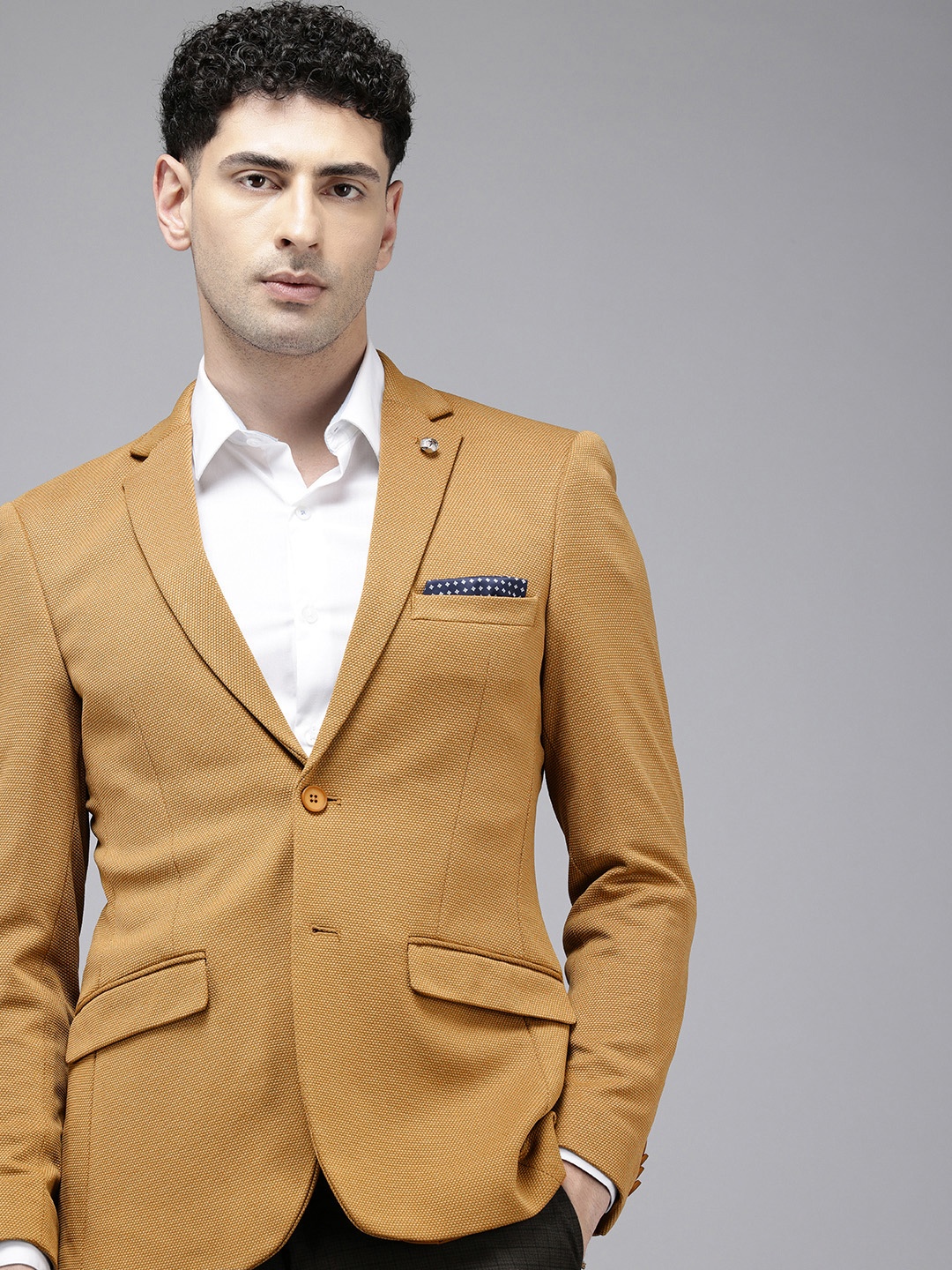 

Park Avenue Self Design Textured Single-Breasted Formal Blazer, Khaki