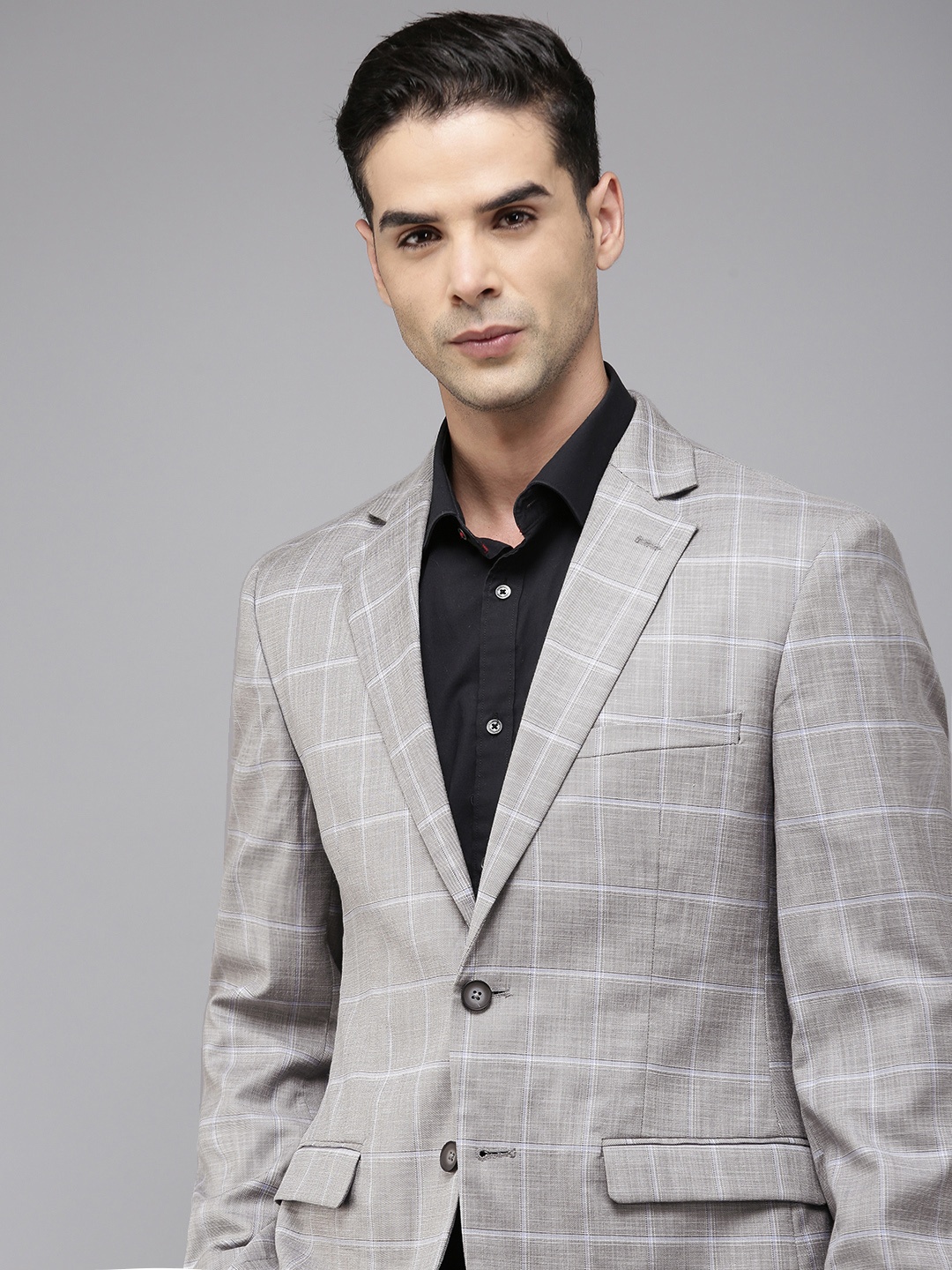 

Park Avenue Checked Regular Fit Single-Breasted Formal Blazer, Grey