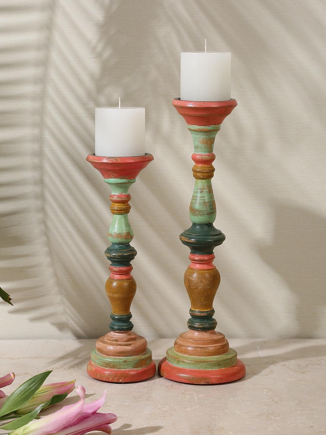 

Amoliconcepts Green & Peach 2 Pieces Painted Wooden Candle Holders