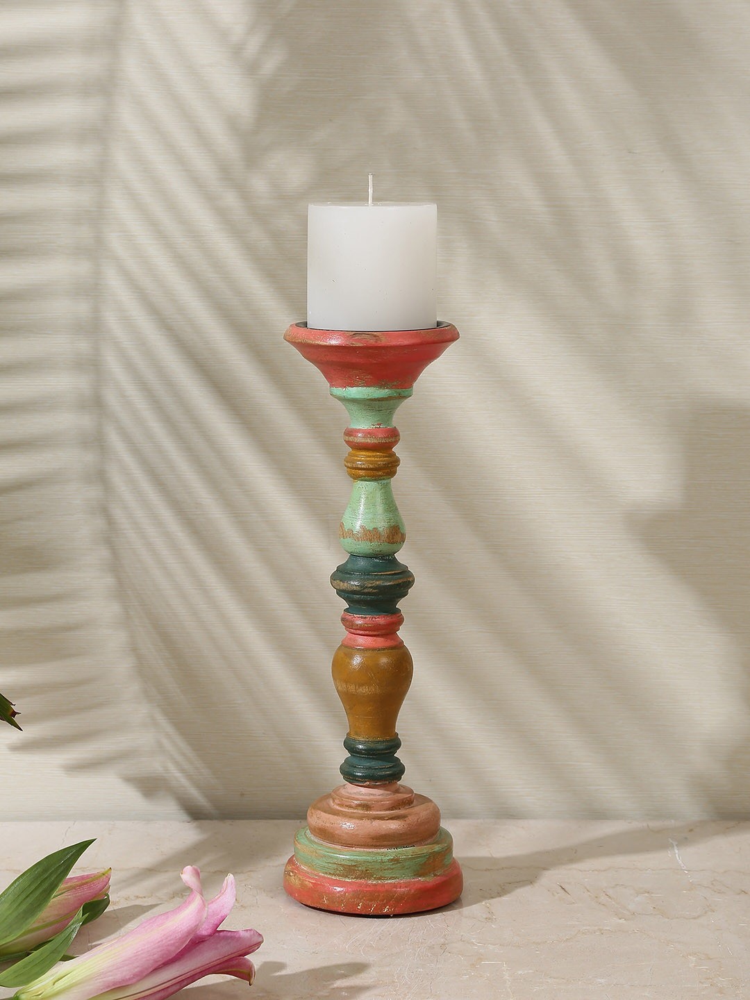 

Amoliconcepts Green & Peach Painted Wooden Candle Holder