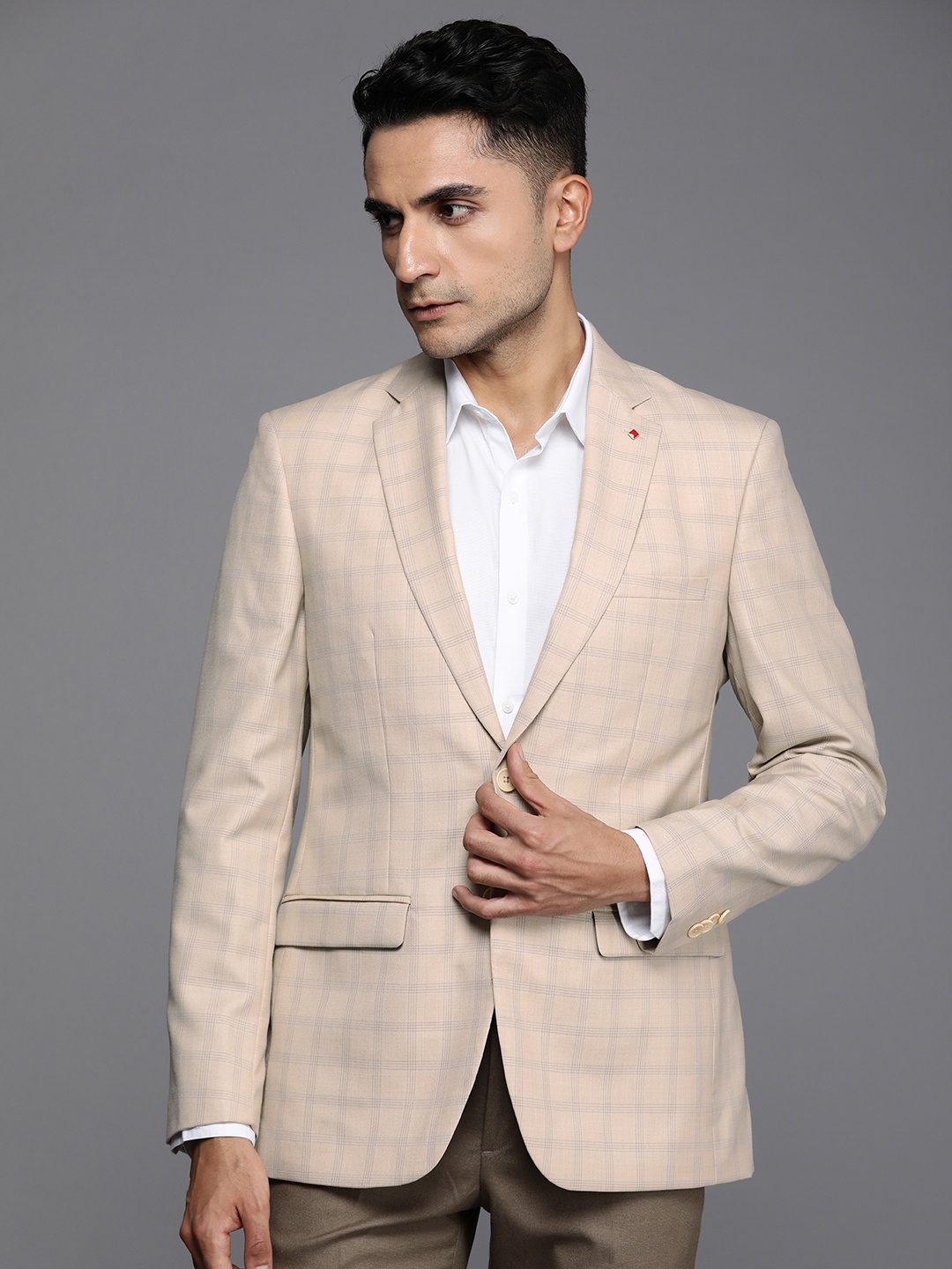 

Raymond Contemporary Fit Single-Breasted Checked Formal Blazers, Beige