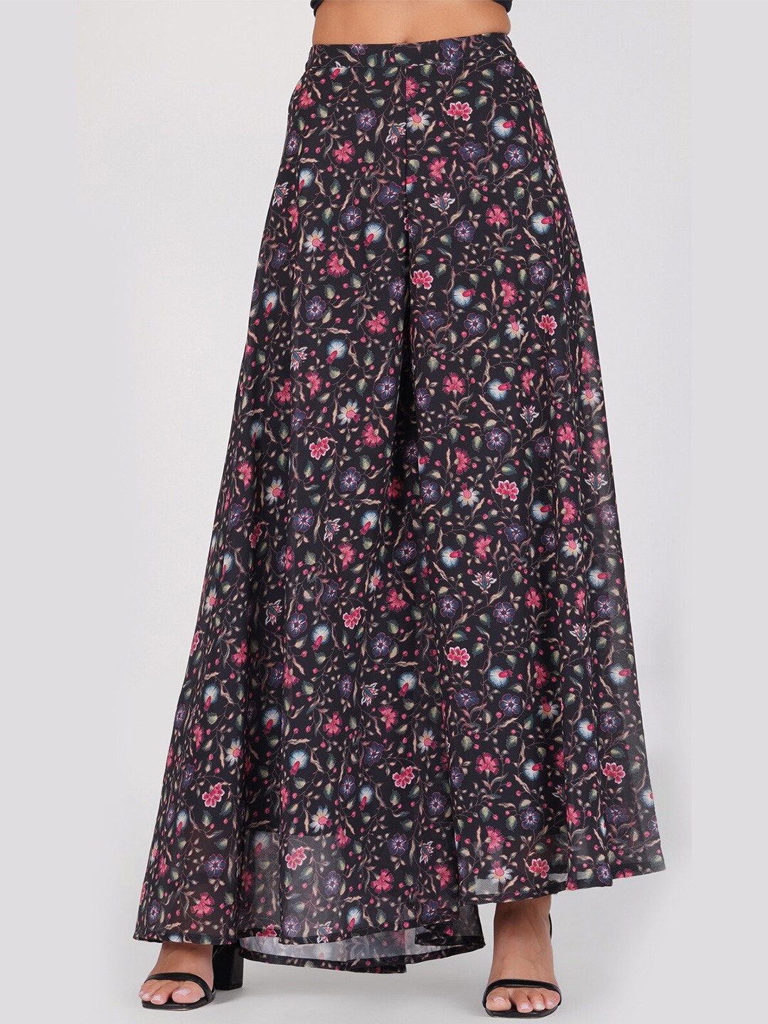 

RATAN Women Floral Printed Flared Georgette Palazzos, Black