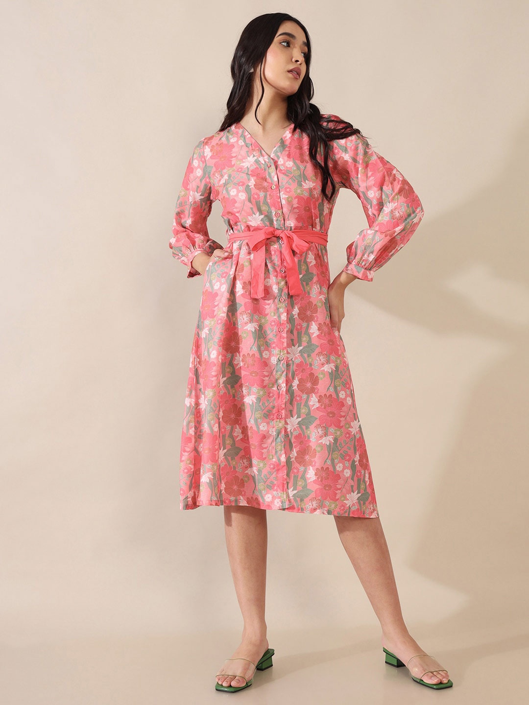 

Saaki Floral Printed Crepe V-Neck Puff Sleeves Shirt Dress, Pink