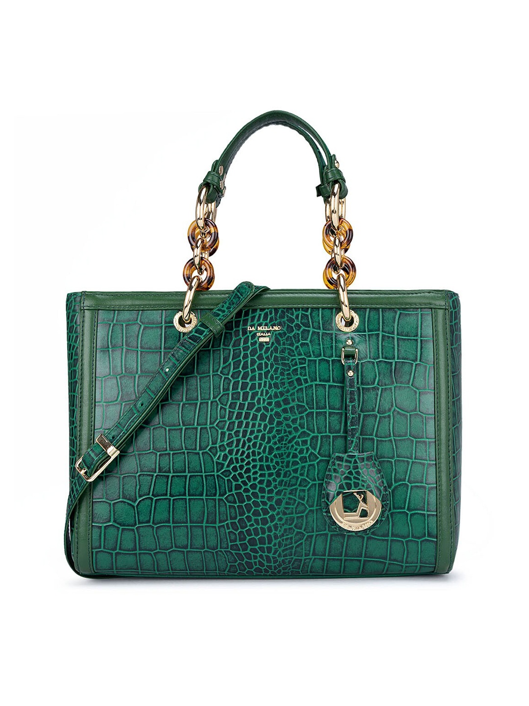 

Da Milano Green Textured Leather Bowling Handheld Bag with Cut Work