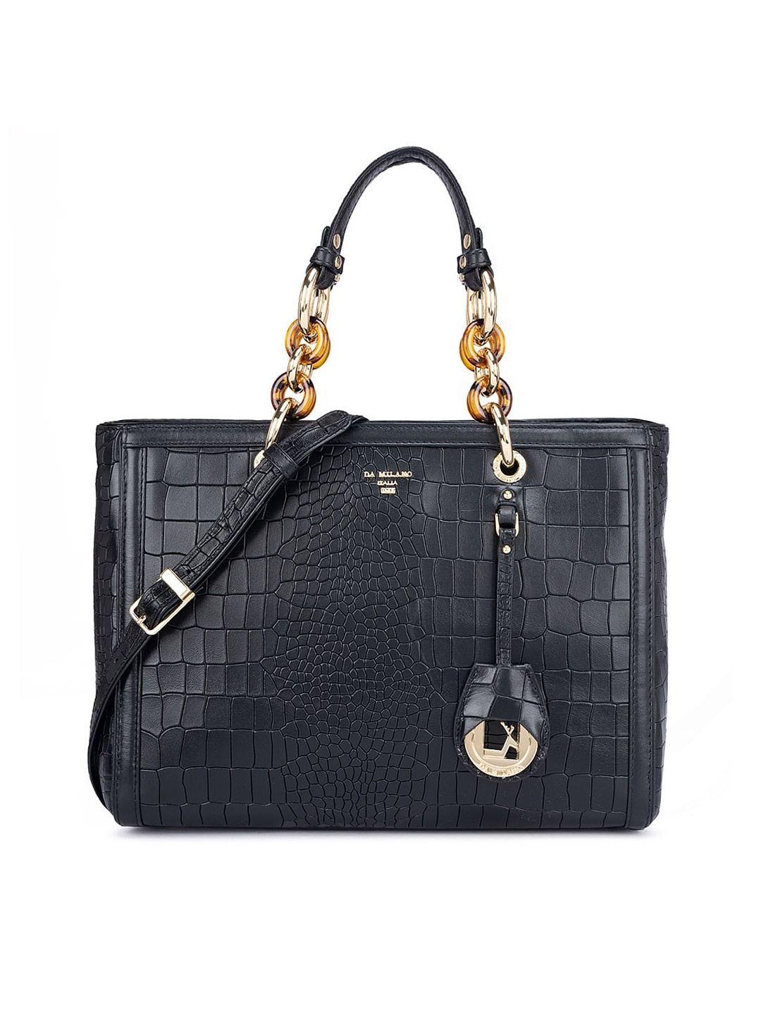 

Da Milano Textured Leather Structured Handheld Bag with Quilted, Black