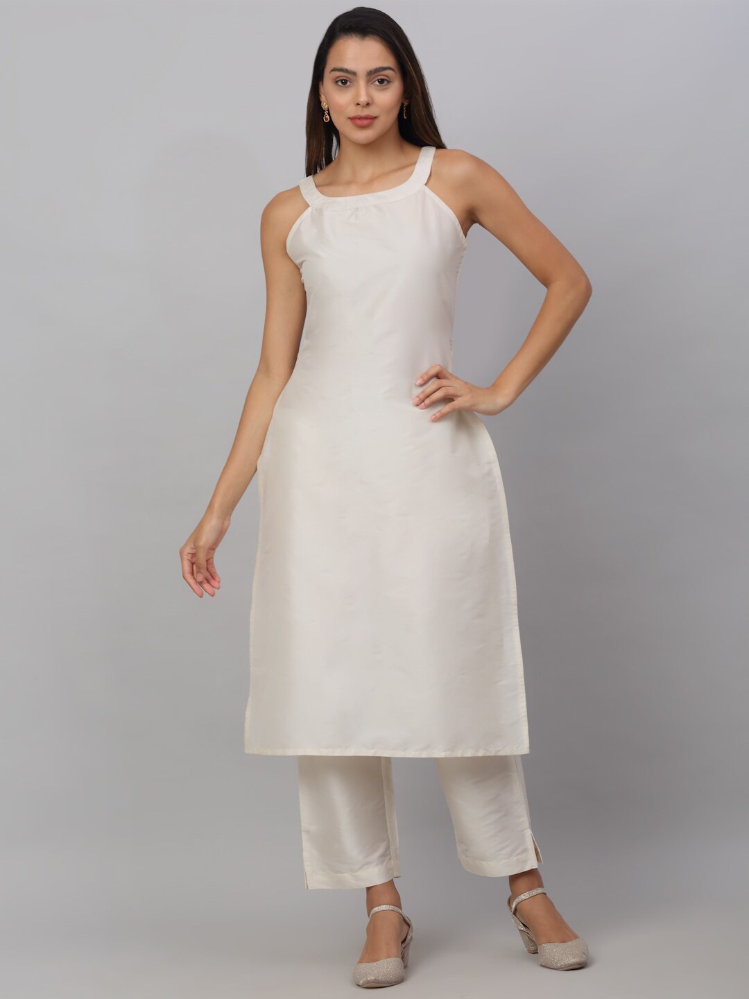 

NEUDIS Sleeveless Kurta with Trousers & With Floral Dupatta, Off white
