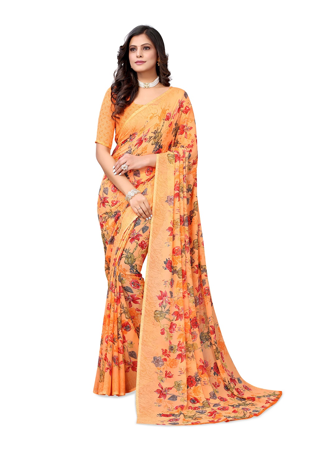 

KALINI No Border Floral Printed Saree, Orange
