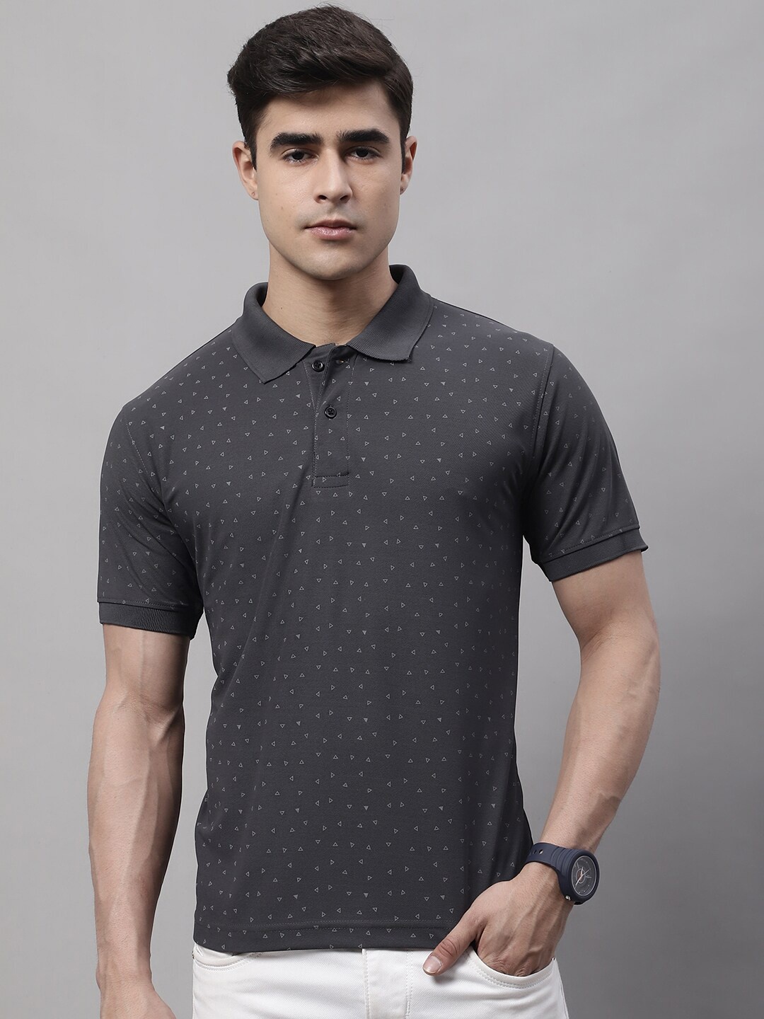 

Obaan Men Geometric Printed Polo Collar Slim Fit T-shirt, Charcoal