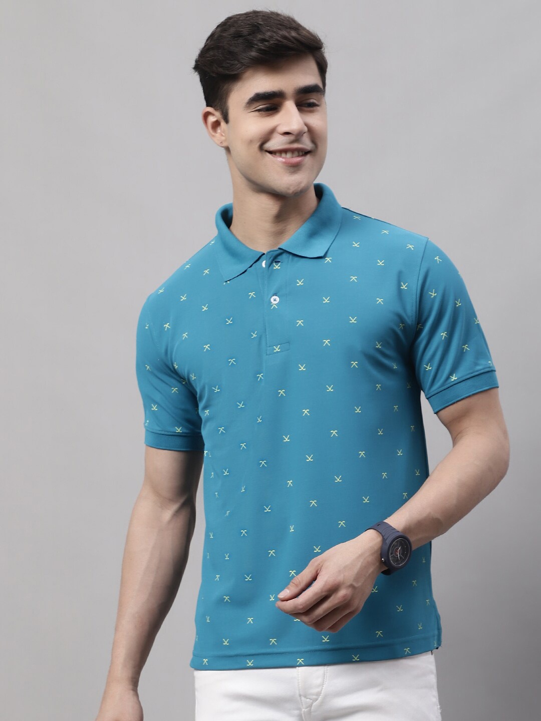 

Obaan Conversational Printed Polo Collar T-shirt, Turquoise blue