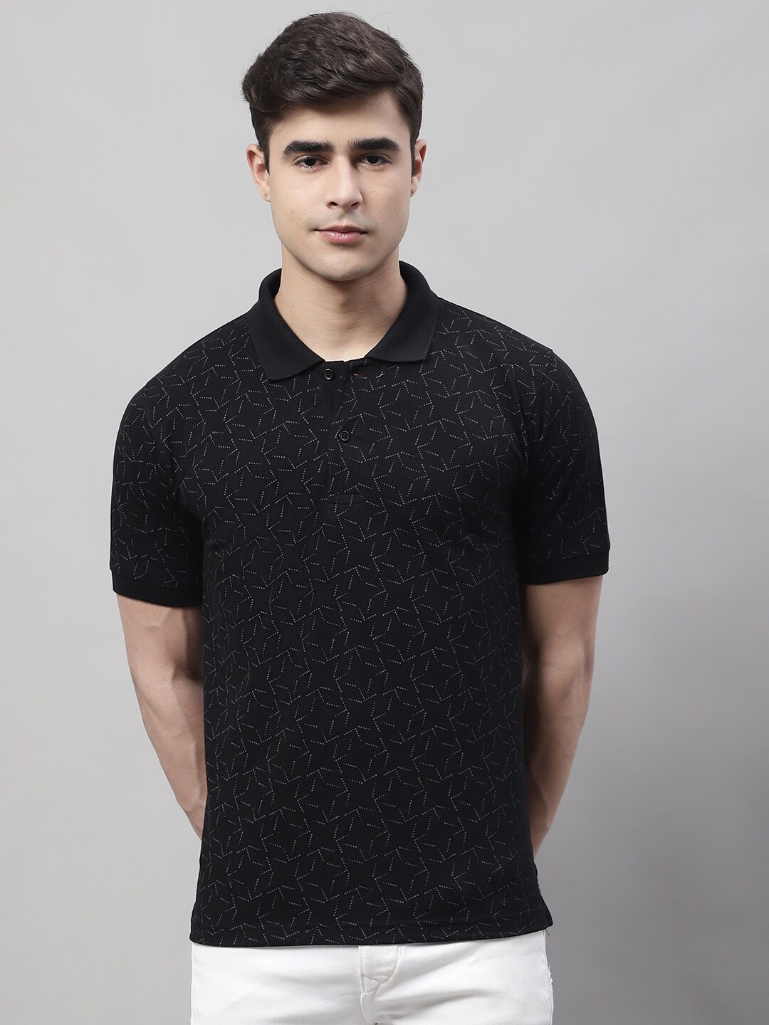 

Obaan Geometric Printed Polo Collar Slim Fit Cotton T-shirt, Black