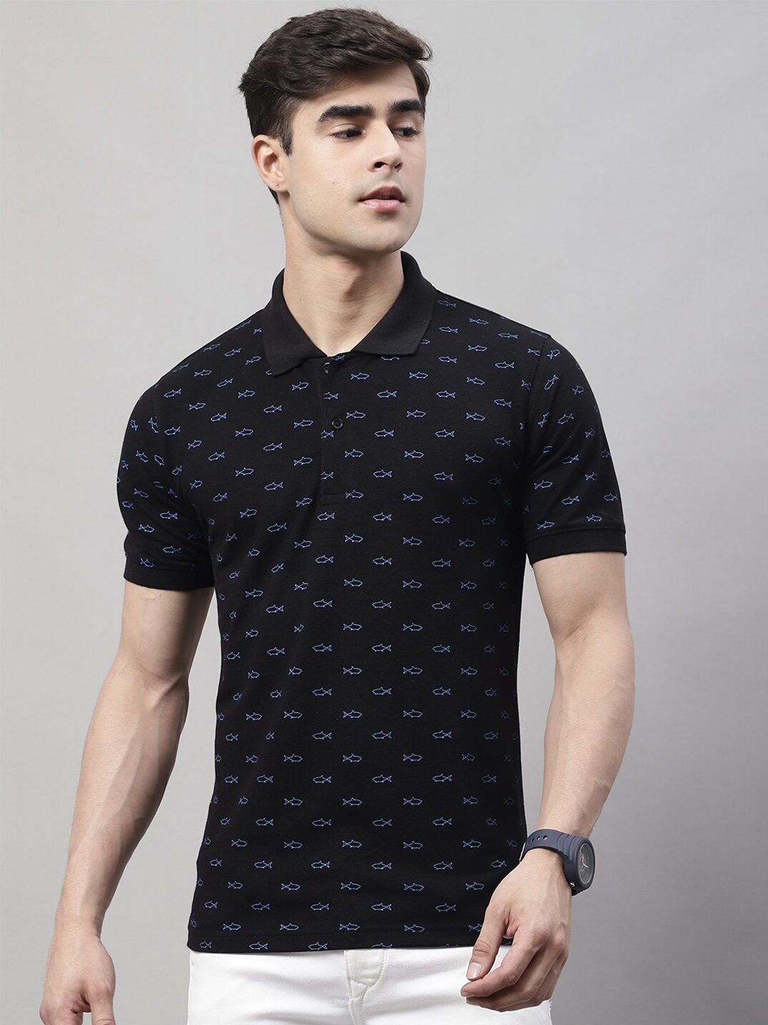 

Obaan Conversational Printed Polo Collar Cotton Slim Fit T-shirt, Black