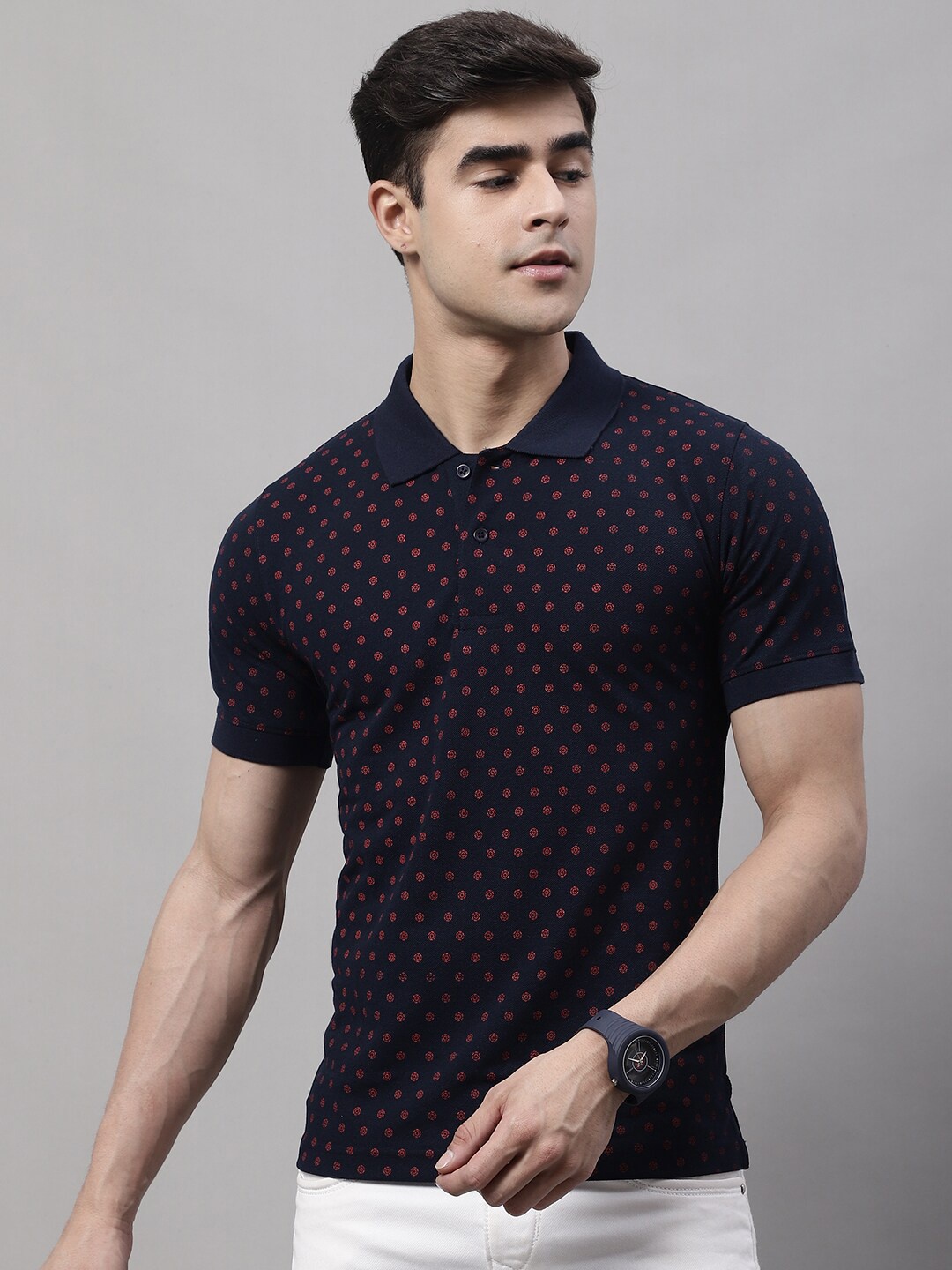 

Obaan Conversational Printed Polo Collar Cotton Slim Fit T-shirt, Navy blue