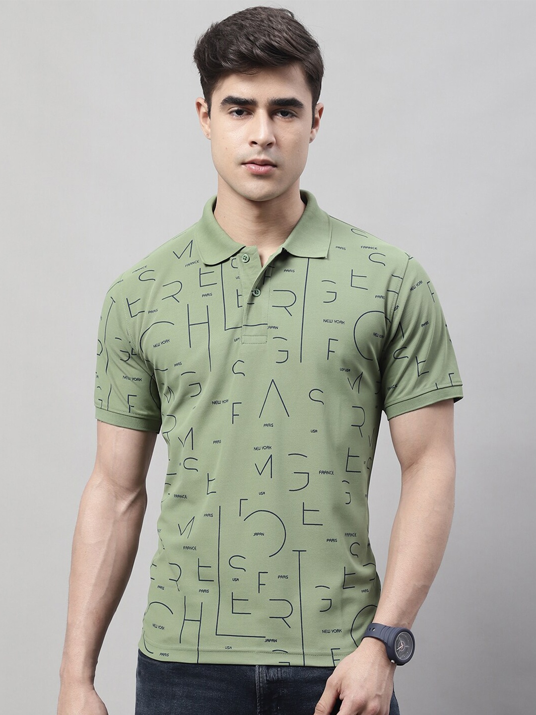 

Obaan Typography Printed Polo Collar Slim Fit T-shirt, Green