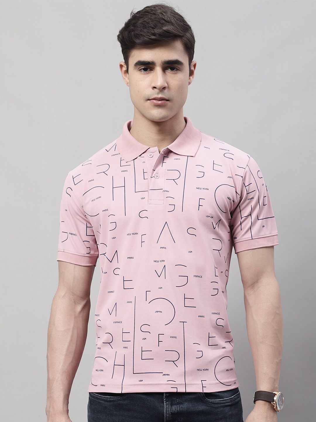 

Obaan Abstract Printed Polo Collar T-shirt, Pink