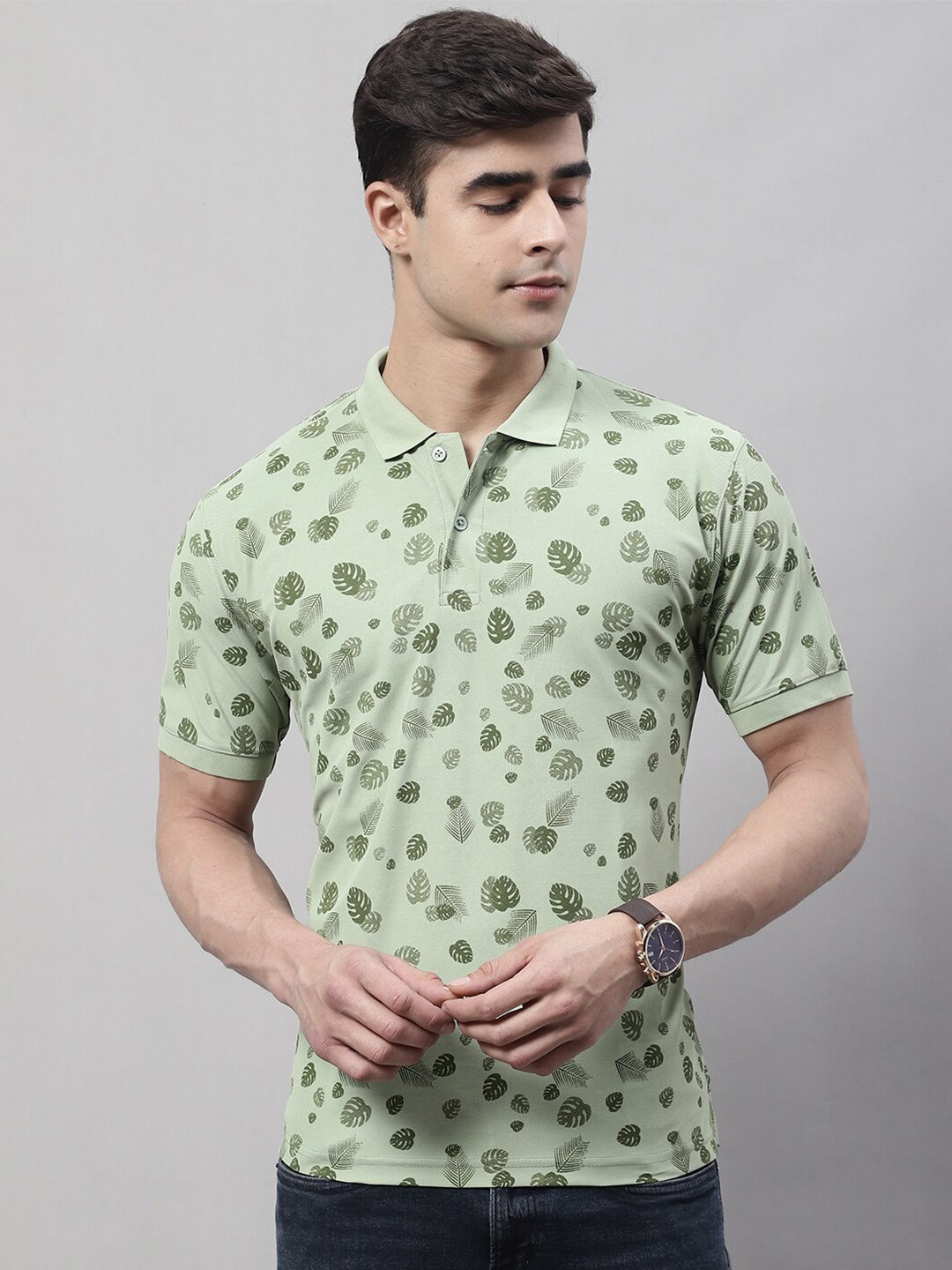 

Obaan Men Tropical Printed Polo Collar T-shirt, Green