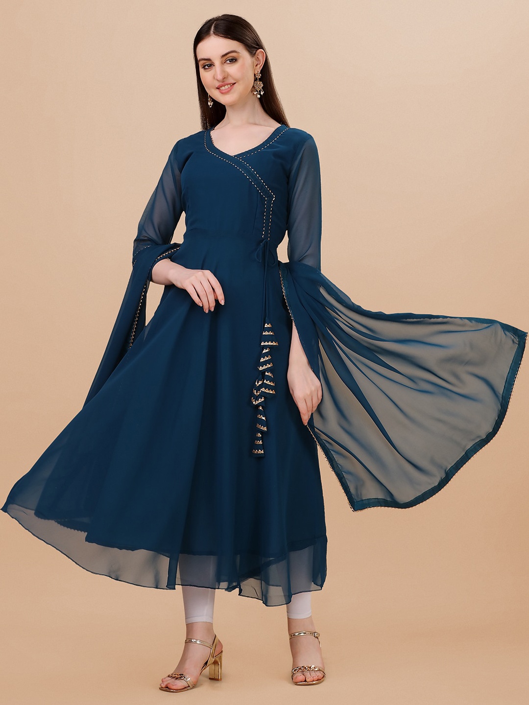

FabFairy V-Neck Gotta Patti Angrakha Anarkali Georgette Kurta, Blue