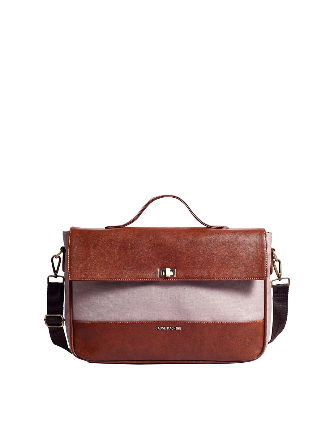 

Gauge Machine Colourblocked Flapped Detachable Strap Laptop Bag, Beige