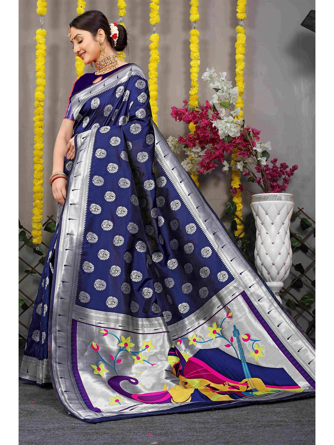 

Anaita Ethnic Motifs Woven Design Zari Pure Silk Banarasi Saree, Blue