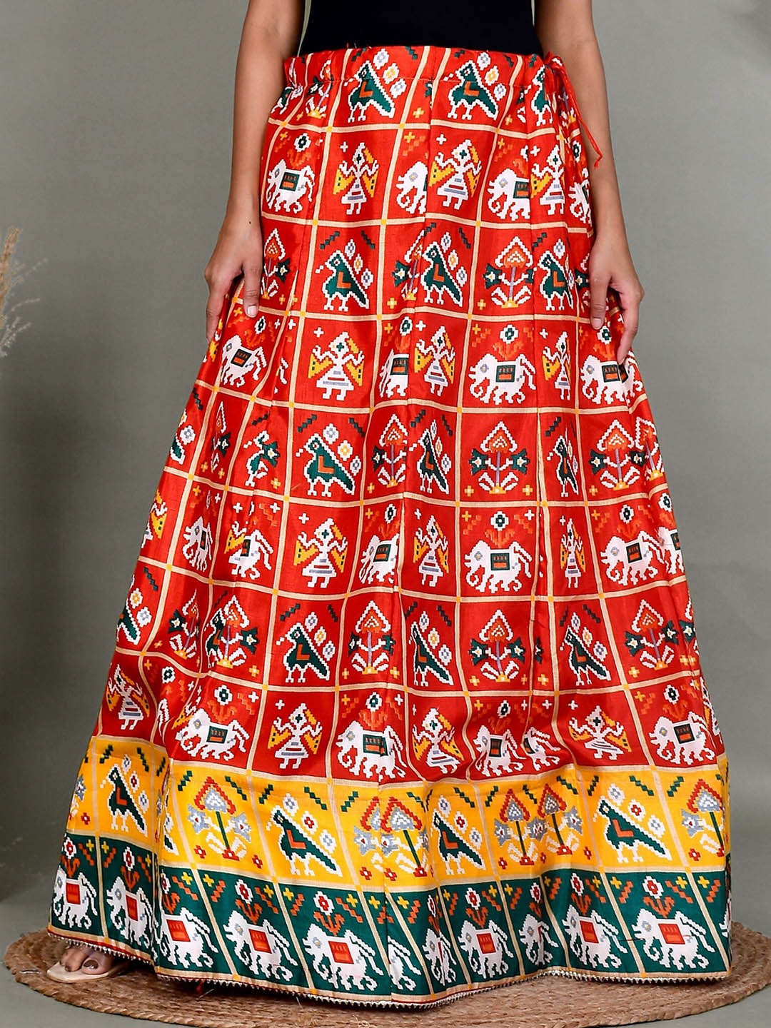 

Kesarya Printed Pure Silk Maxi Flared Ethnic Traditional Skirt, Orange
