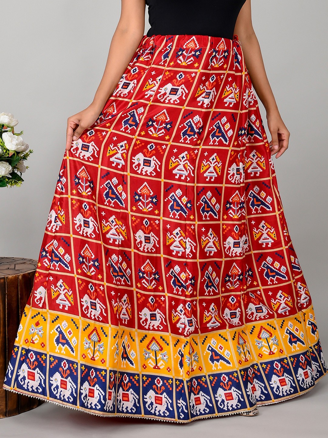 

Kesarya Printed Pure Silk Maxi Flared Ethnic Traditional Skirt, Red