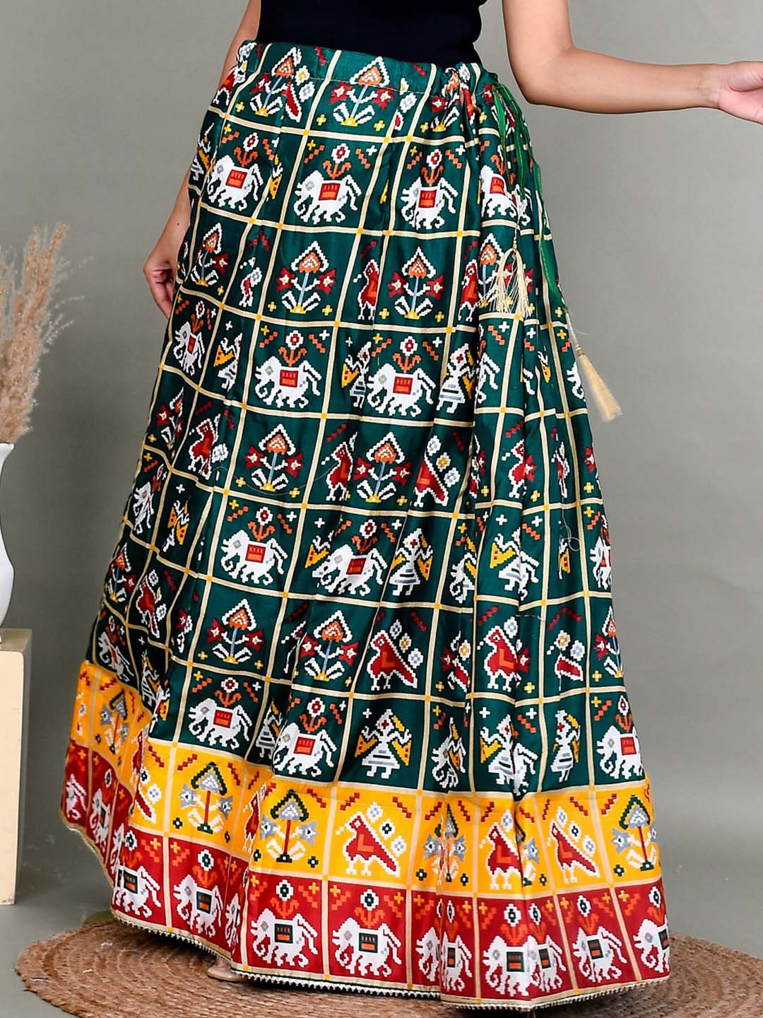 

Kesarya Printed Pure Silk Maxi Flared Ethnic Traditional Skirt, Green