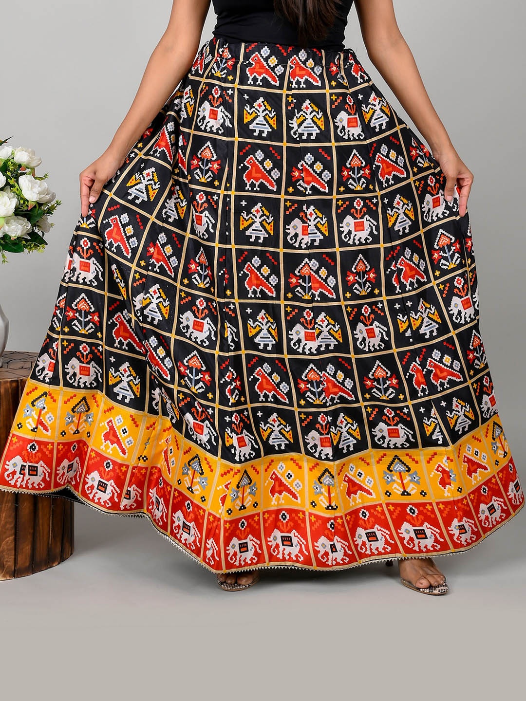 

Kesarya Ethnic Printed Pure Silk Maxi Flared Skirt, Black