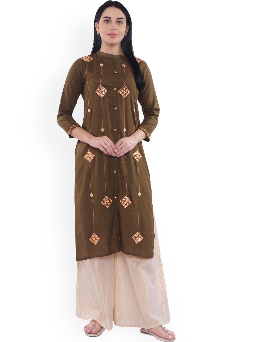 

Be Indi Women Embroidered Mandarin Collar Mirror Work Straight Kurta, Green