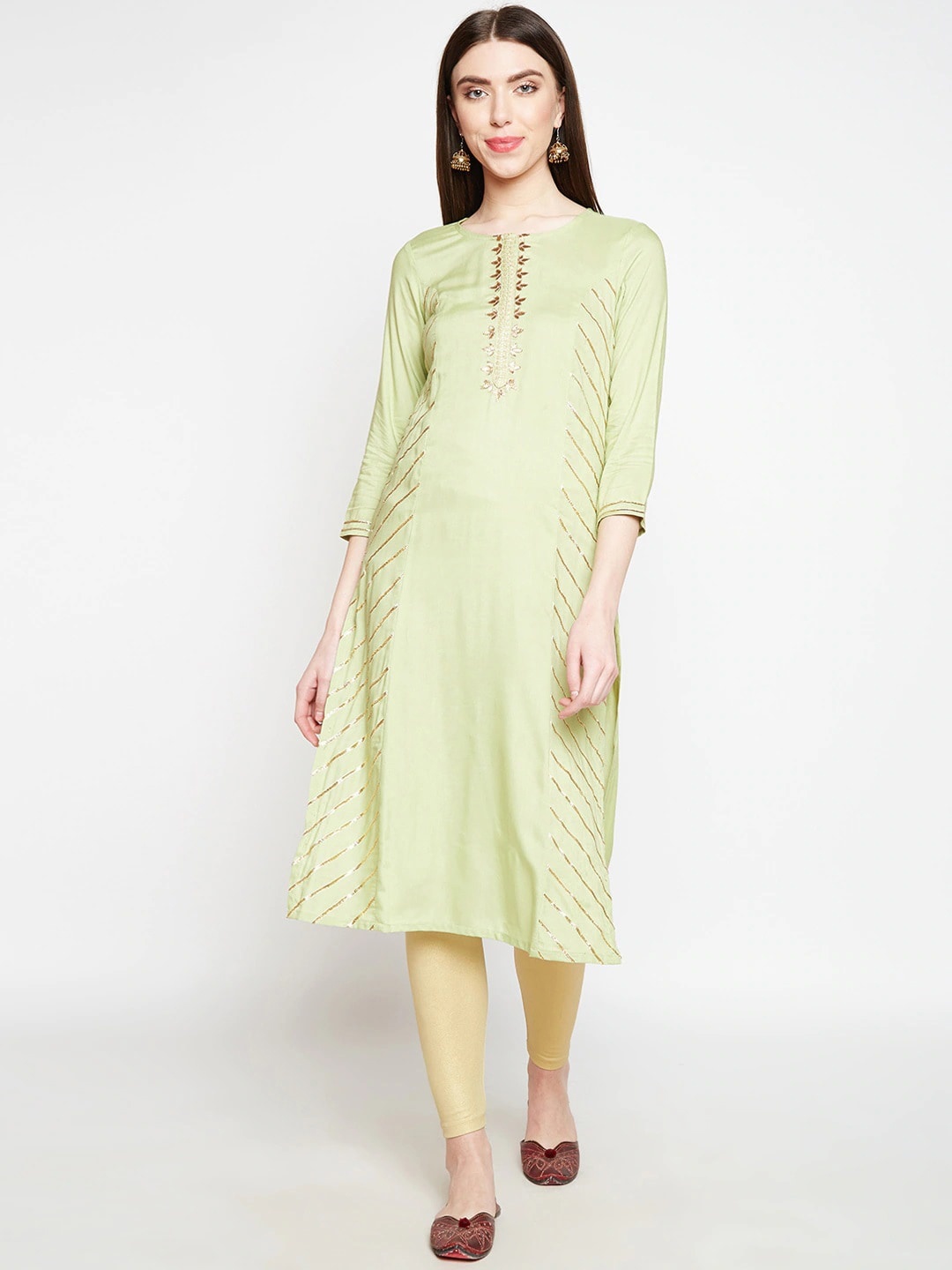 

Be Indi Women Ethnic Motif Yoke Design Round Neck Panelled Kurta, Green