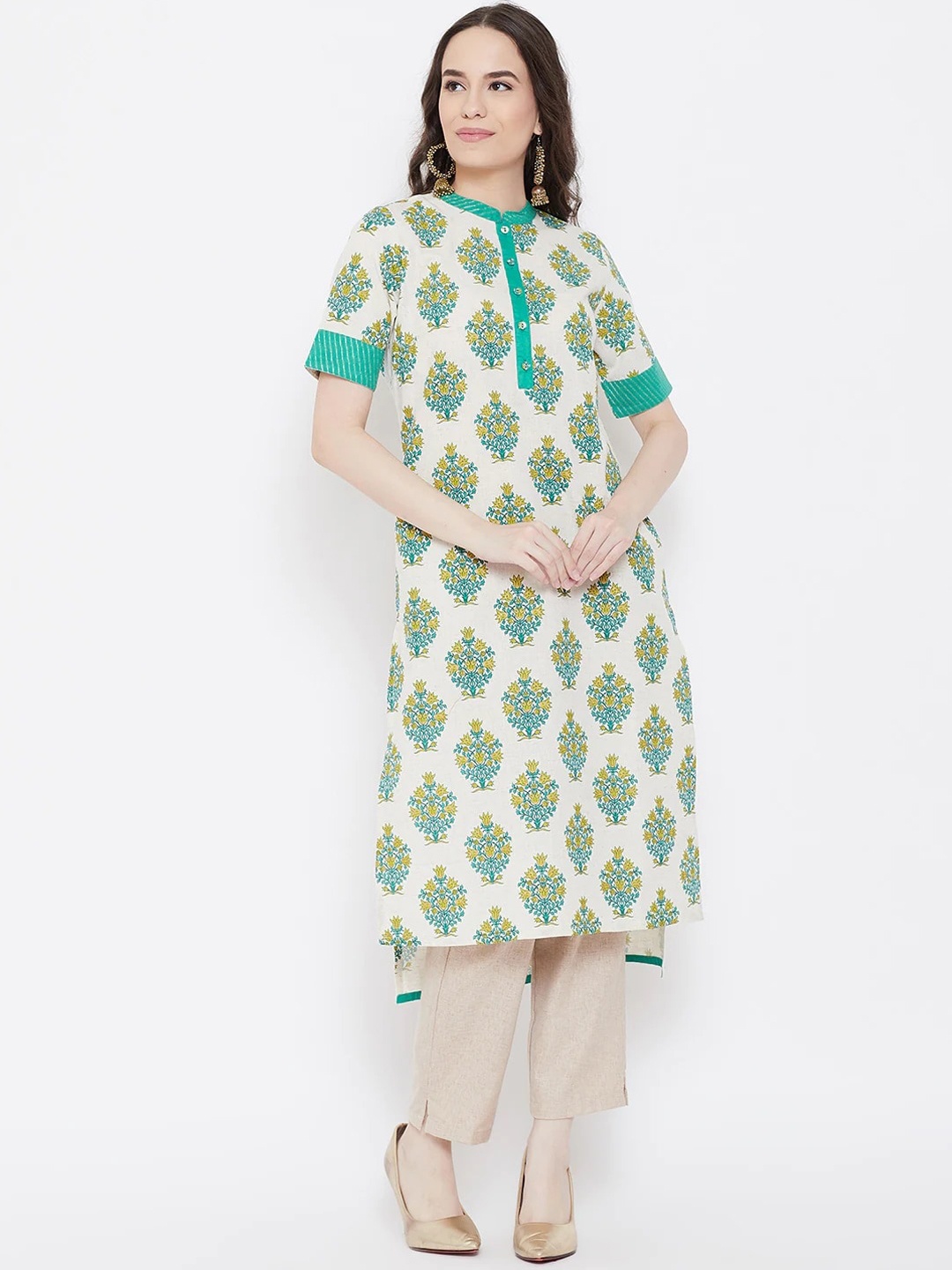 

Be Indi Women Floral Printed Cotton Mandarin Collar High-Low Kurta, Blue