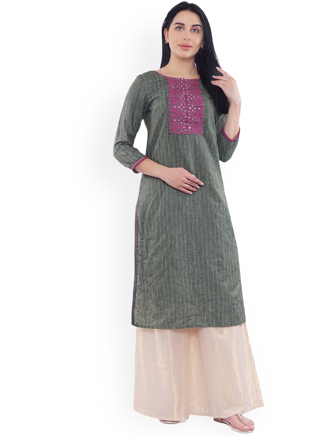 Be Indi Women Floral Yoke Design Cotton Mirror Work Kurta, Grey