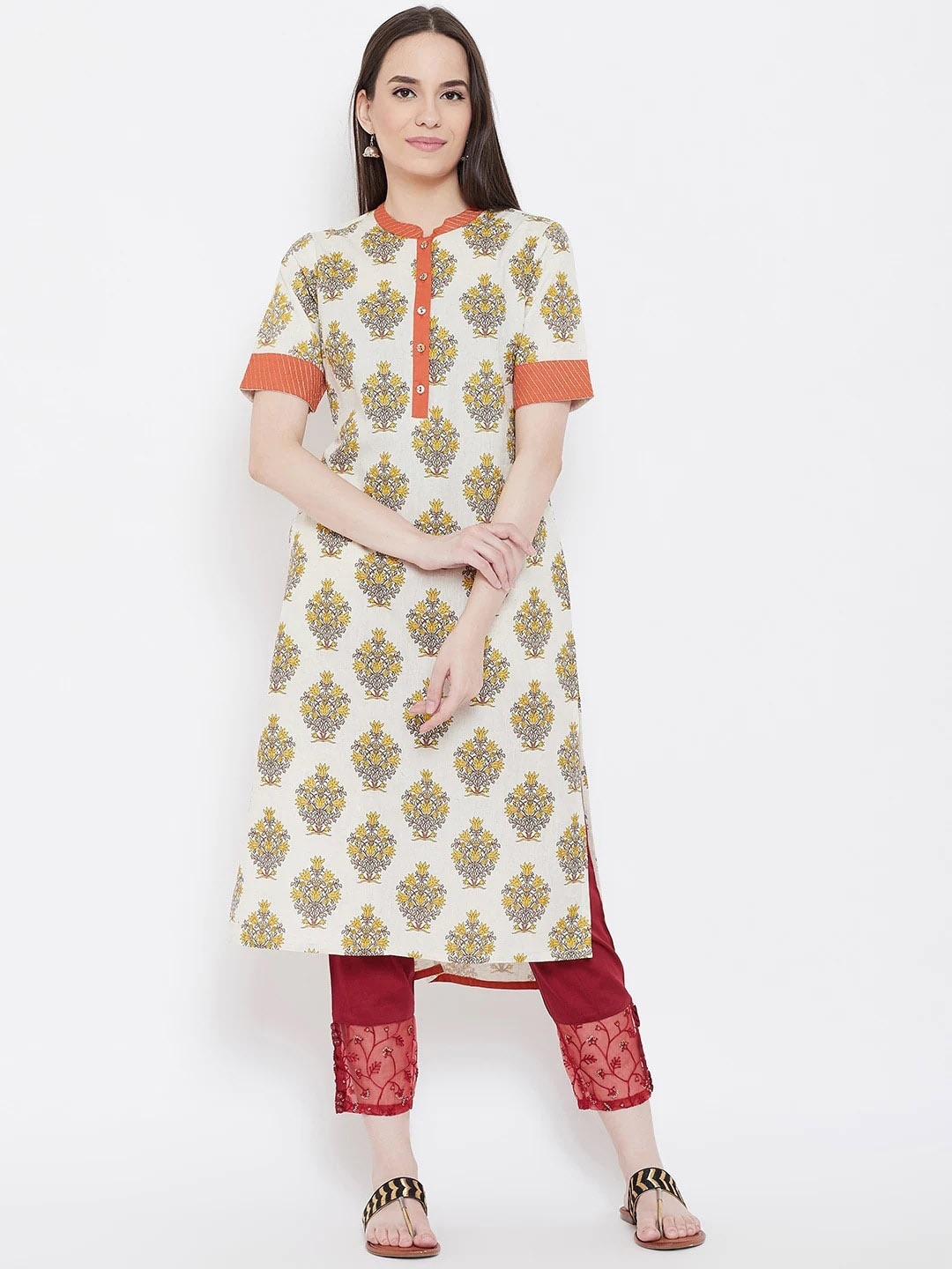 

Be Indi Cotton Ethnic Motifs Printed Mandarin Collar Kurta, Mustard