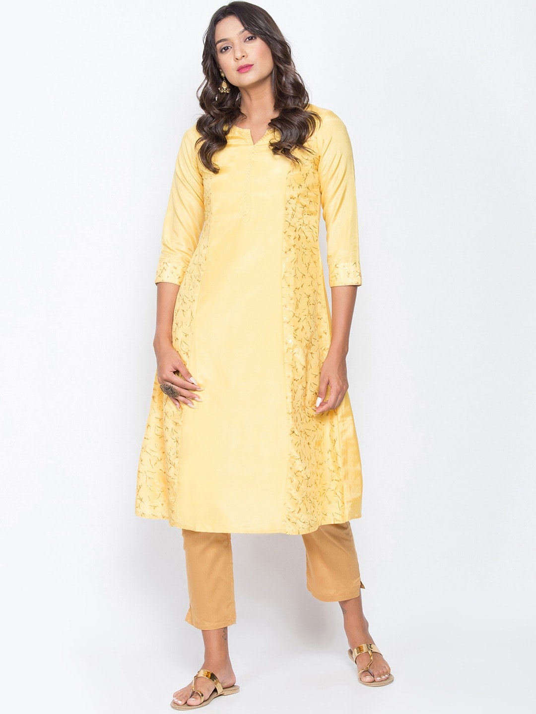 

Be Indi Ethnic Motifs Printed Notched Collar A-Line Kurta, Yellow