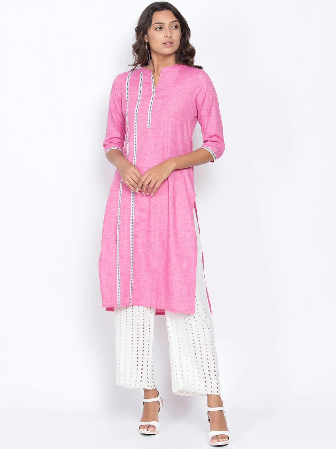 

Be Indi Mandarin Collar Pure Cotton Kurta, Pink