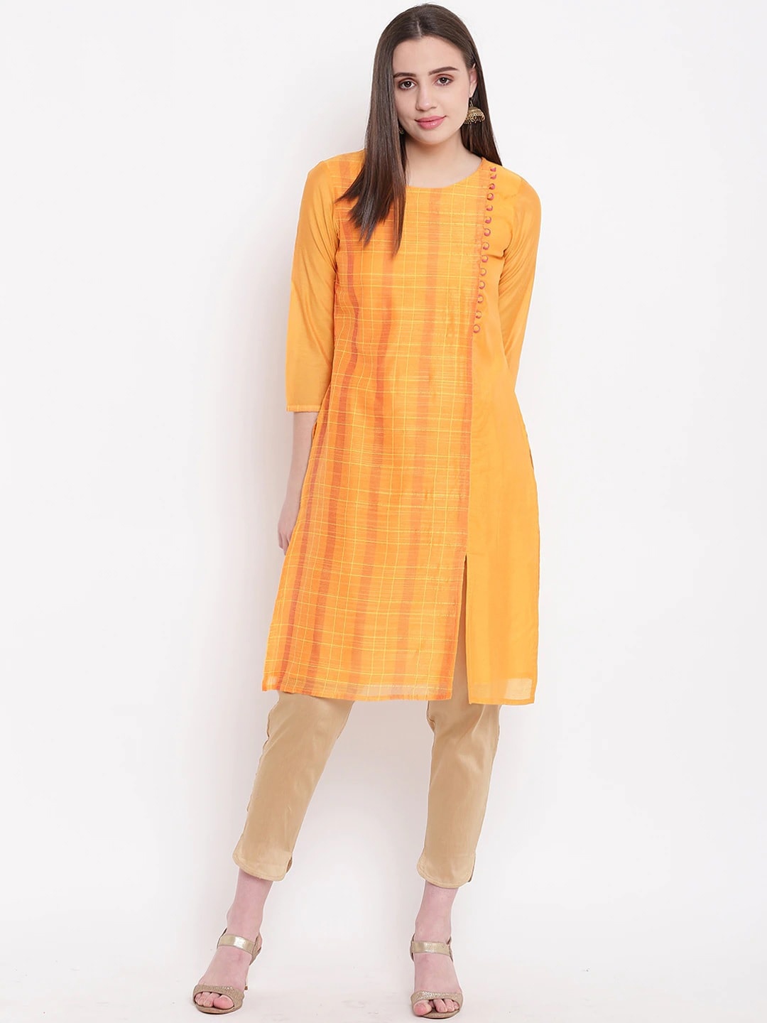 

Be Indi Checked Multiple Slits Round Neck Straight Kurta, Mustard