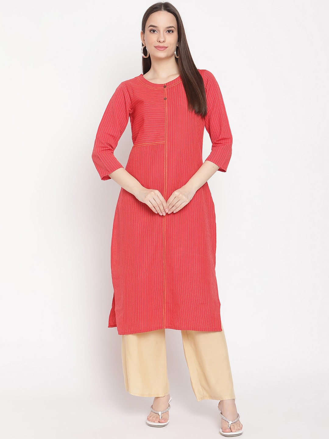 

Be Indi Women Round Neck Striped Straight Side Slits Regular Kurta, Red