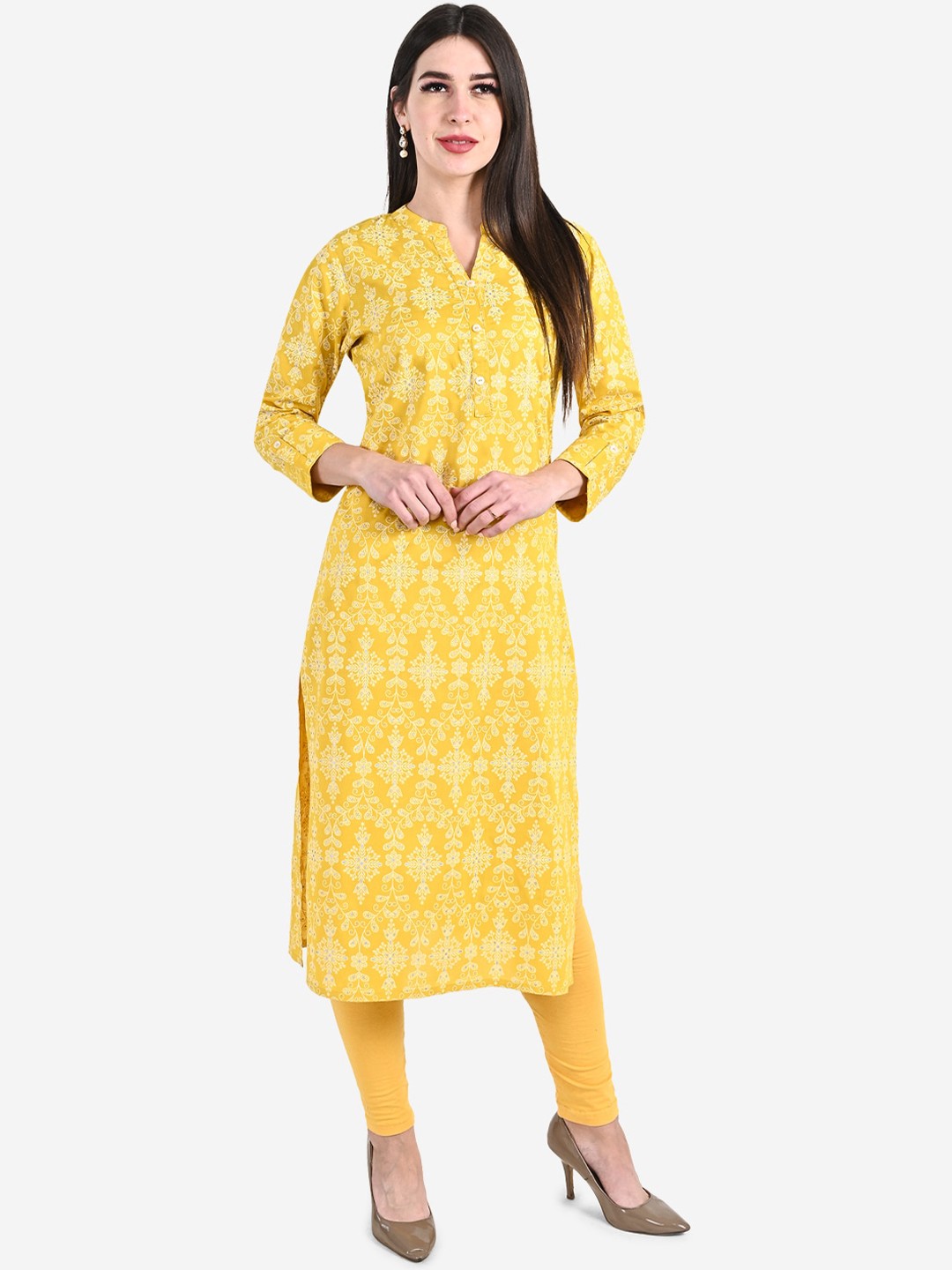 

Be Indi Women Mandarin Collar Floral Straight Side Slits Regular Kurta, Yellow