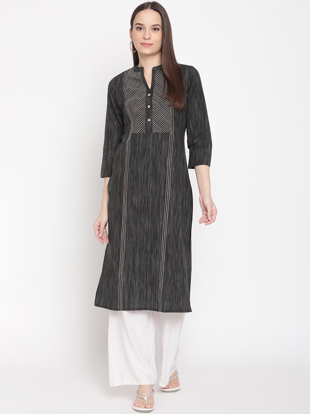 

Be Indi Women Collared Solid A-Line Side Slits Regular Kurta, Black