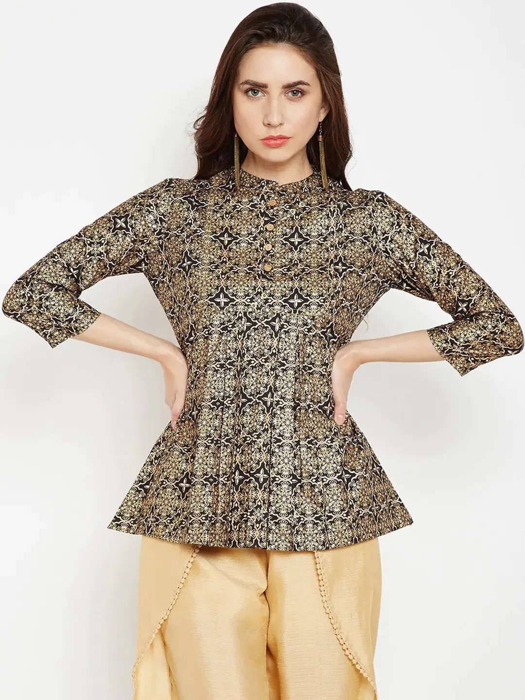 

Be Indi Ethnic Motif Printed Mandarin Collar Peplum Top, Beige