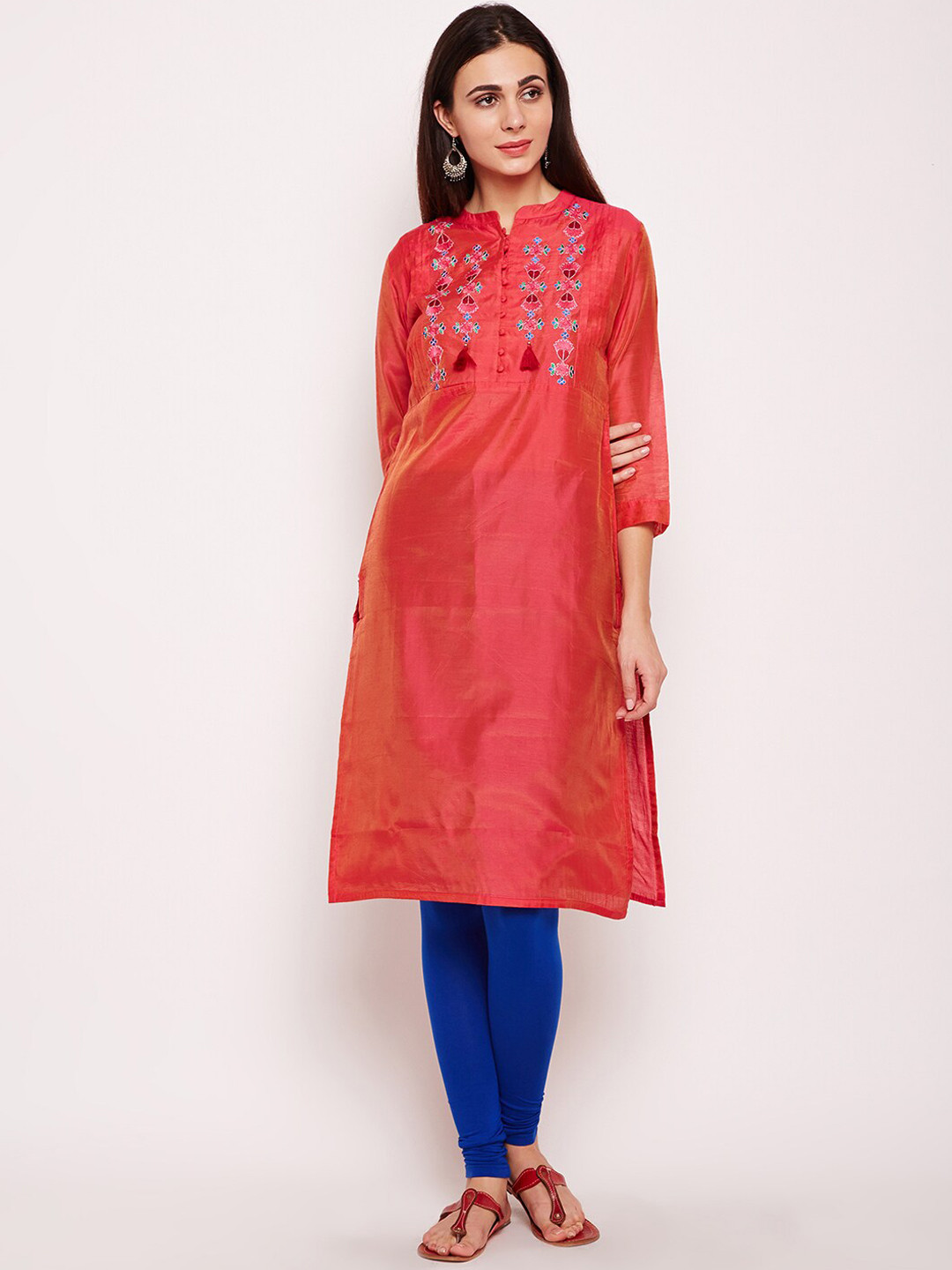 

Be Indi Embroidered Mandarin Collar Straight Kurta, Red