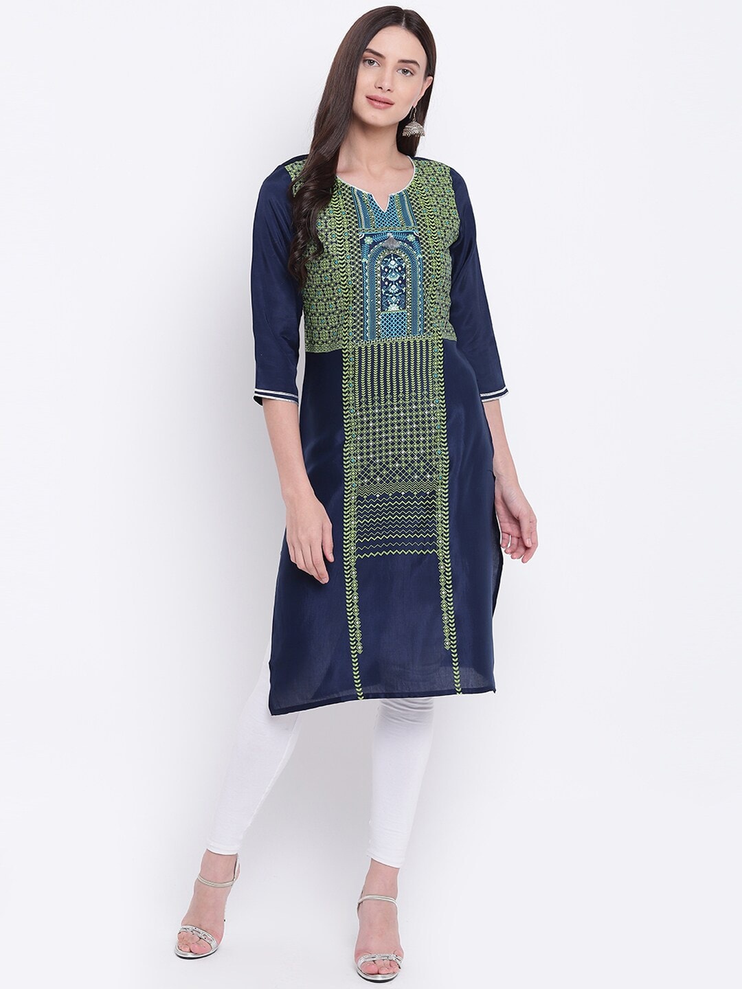 

Be Indi Geometric Printed Notched Collar Straight Kurta, Navy blue