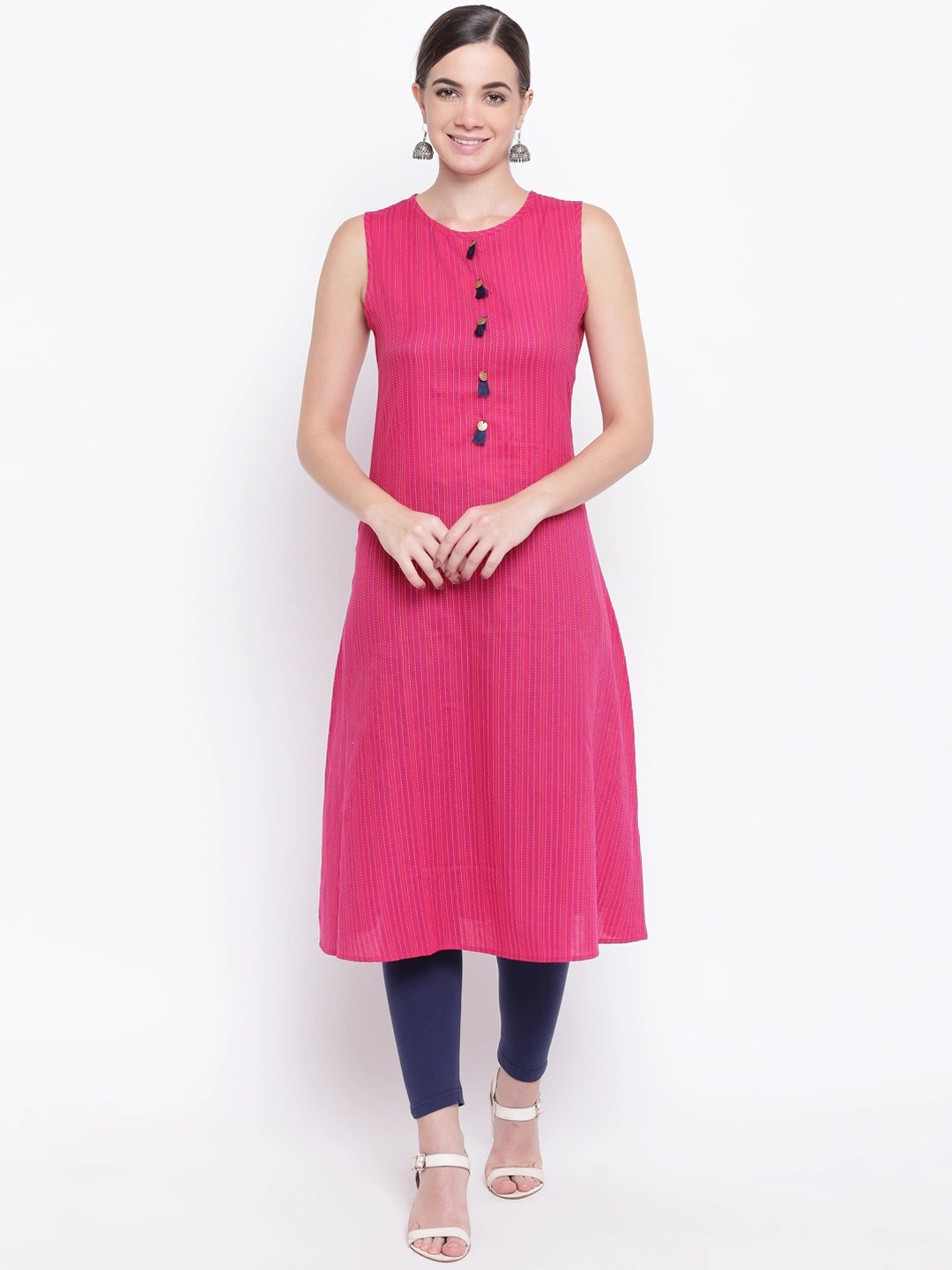 

Be Indi Striped Sleeveless Cotton A-Line Kurta, Fuchsia