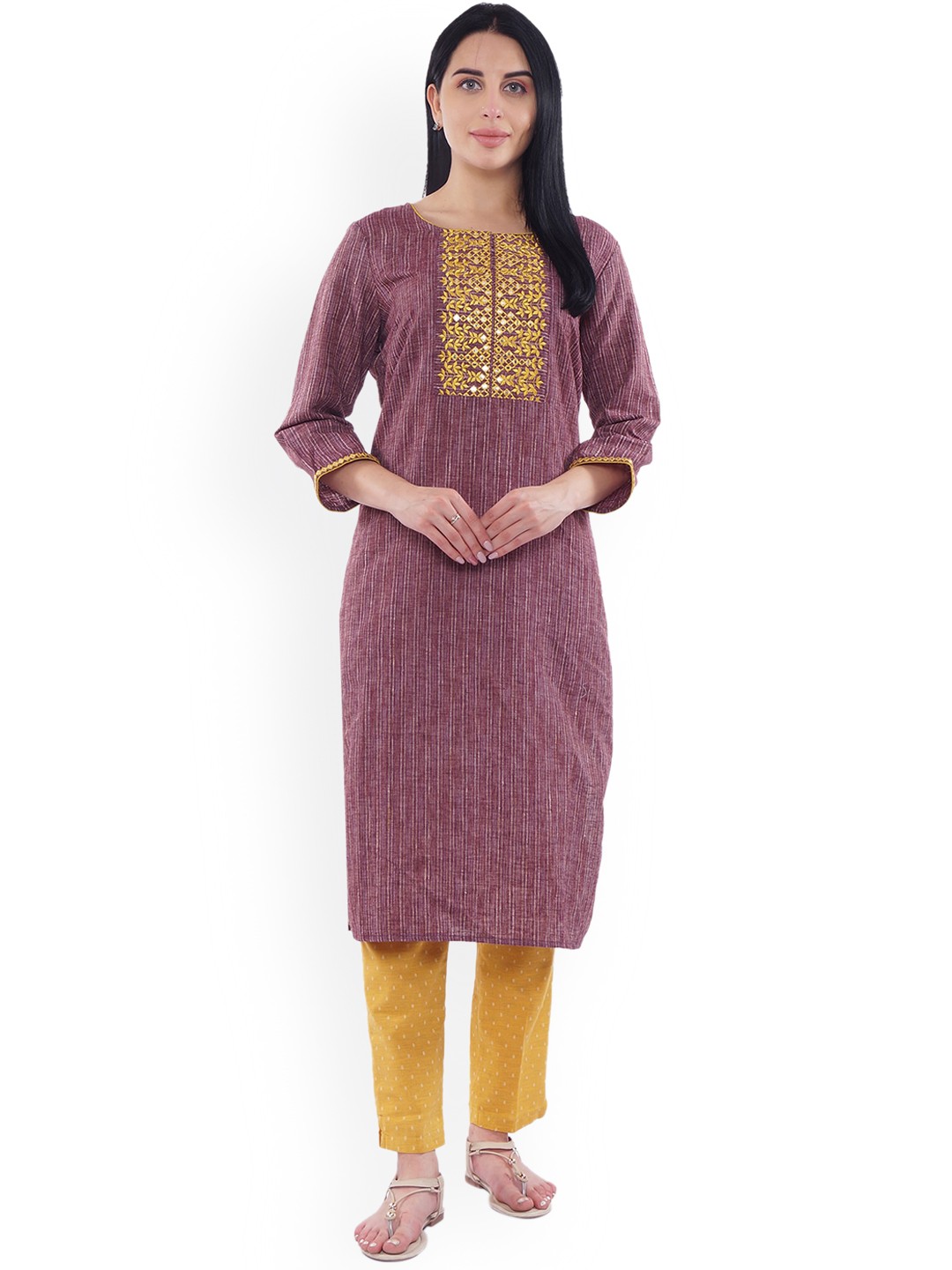 

Be Indi Women Striped Thread Work Cotton Kurta, Mauve