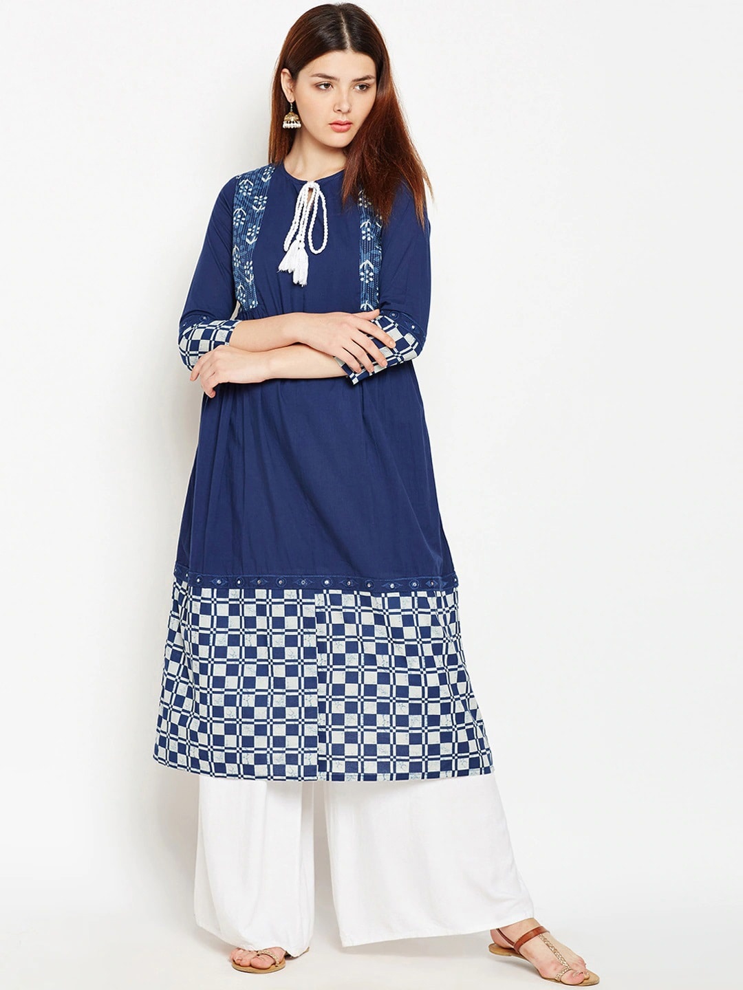 

Be Indi Women Printed Tie-Up Neck Cotton A-Line Kurta, Blue