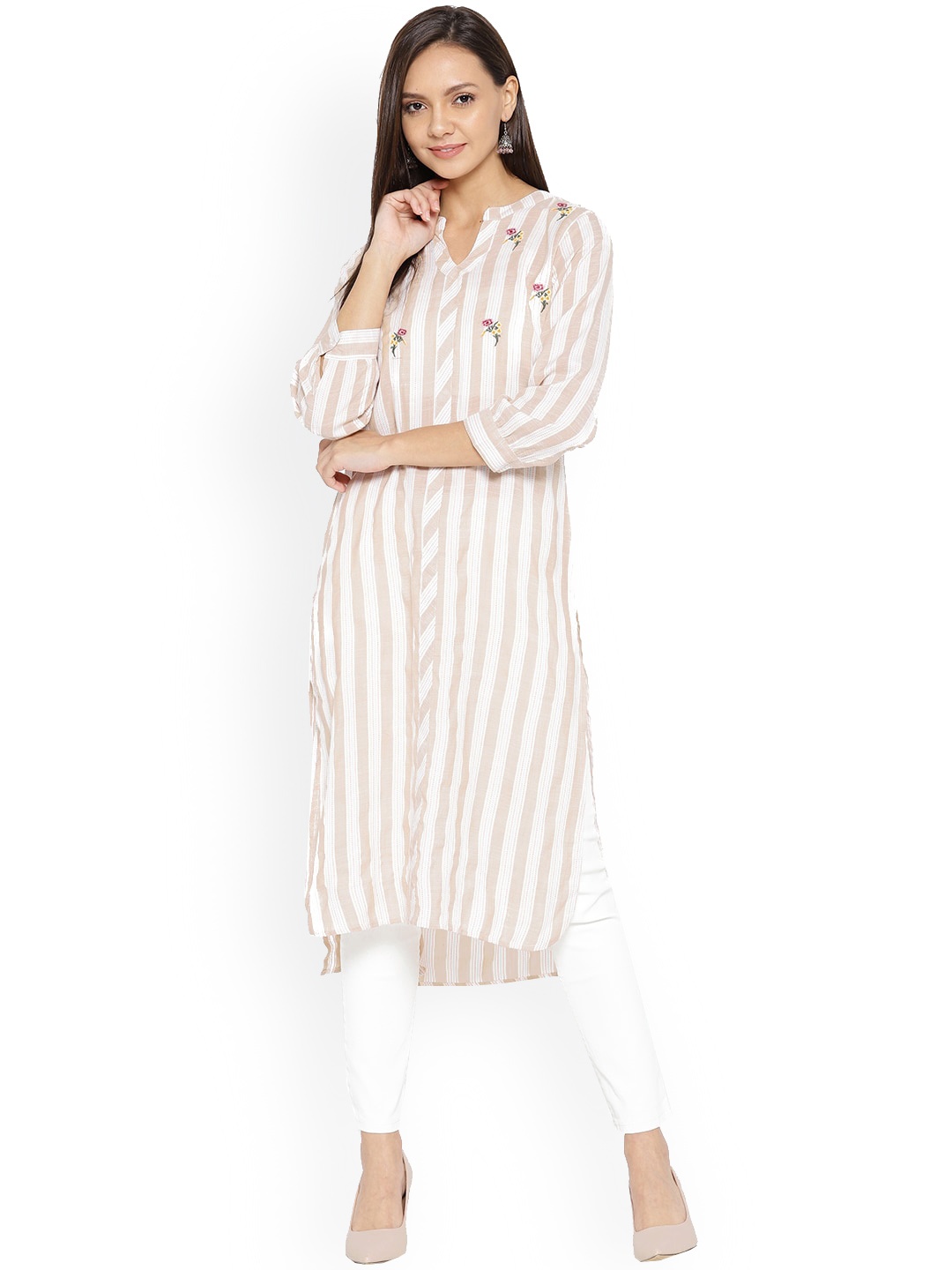 

Be Indi Women Striped Thread Work Cotton High-Low Kurta, Beige