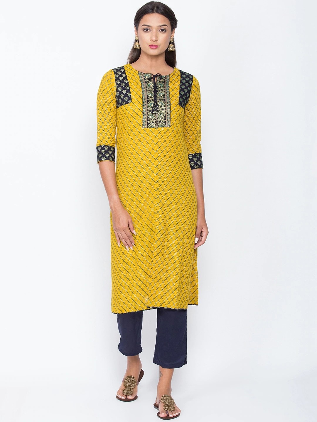 

Be Indi Women Ethnic Motif Printed Tie-Up Neck Pure Cotton Straight Kurta, Mustard