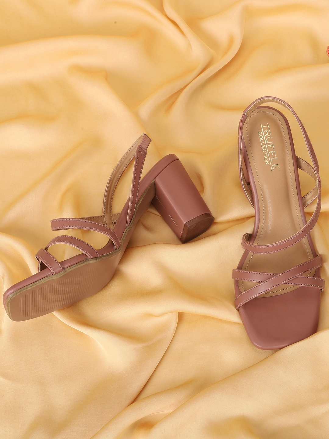 

Truffle Collection Solid Open Toe PU Block Heels with Backstrap, Nude