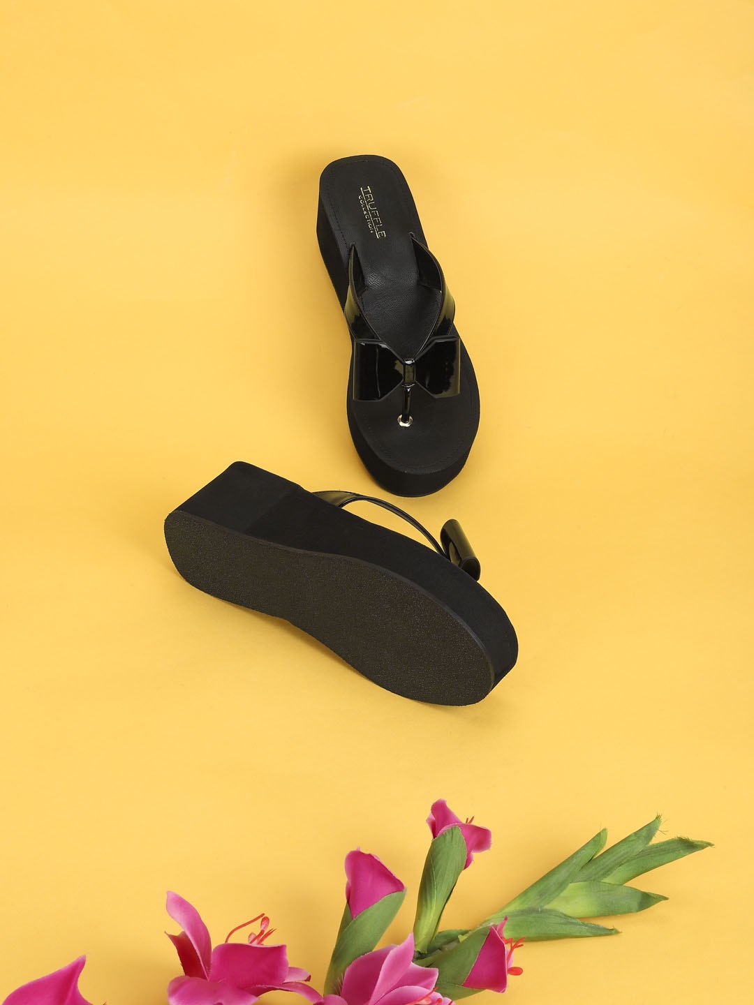 

Truffle Collection Textured Wedge Heels with Bows, Black
